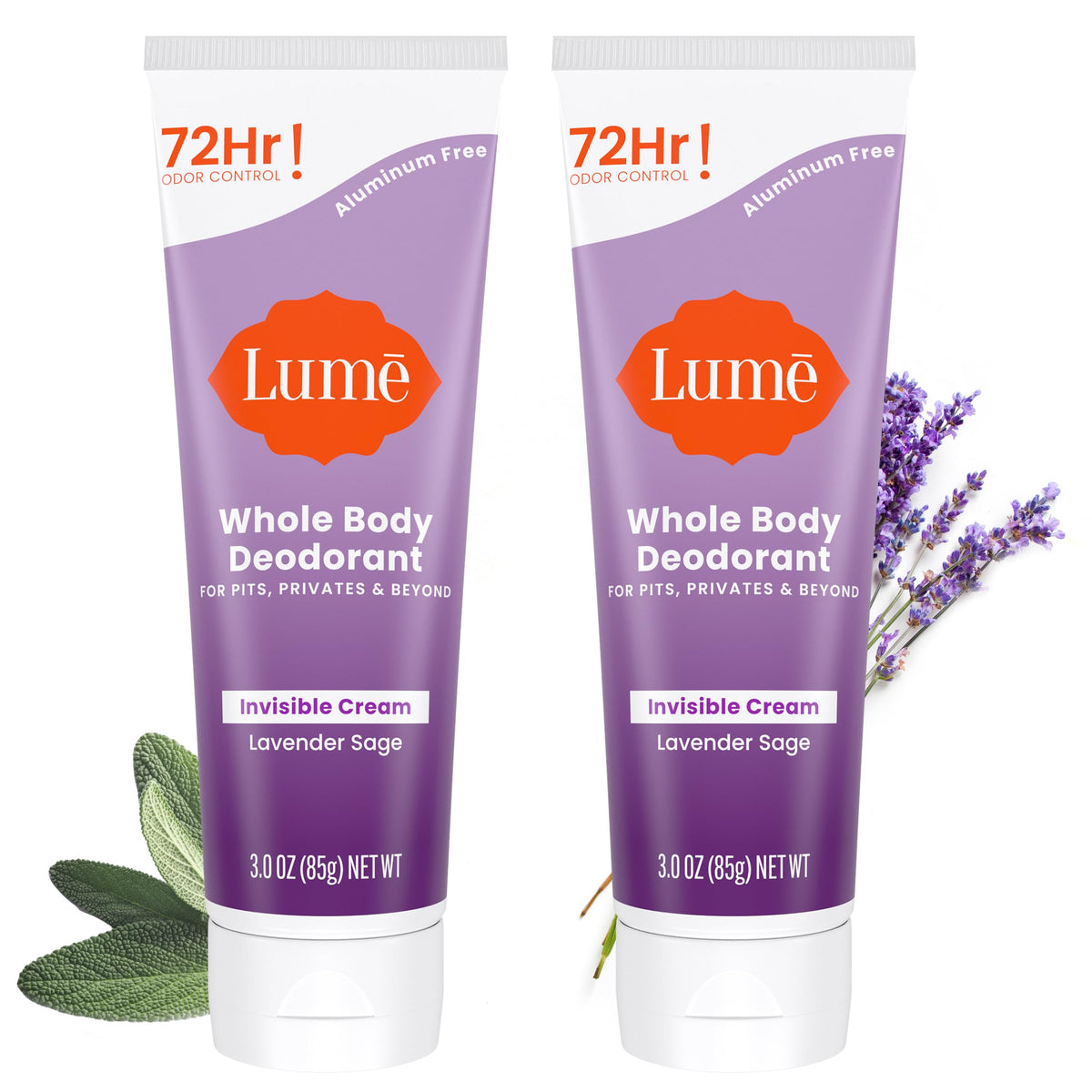 Lume Whole Body Deodorant Lavender Sage tube close-up shows all-day odor control.