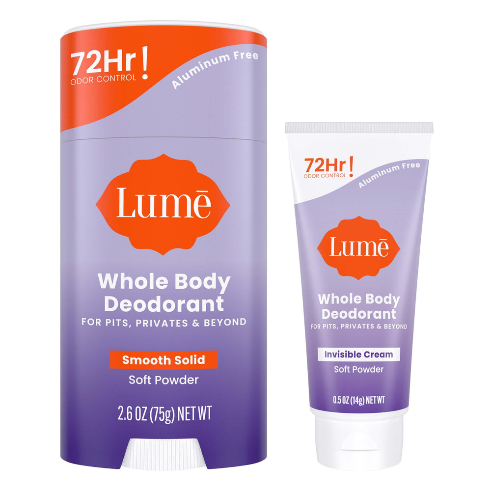 Lume whole body deodorant mini tube closeup showing compact tube for travel odor control