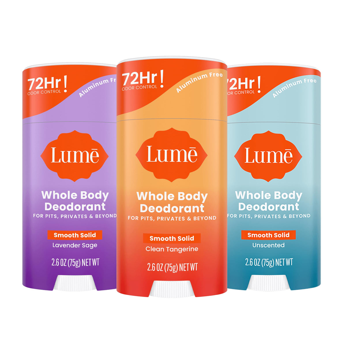 Lume whole body deodorant smooth stick packaging for all-day odor control.