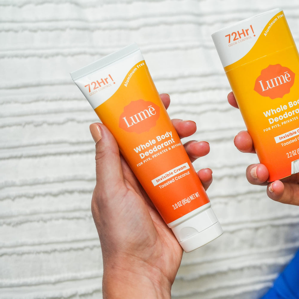Lume Whole Body Deodorant pea-sized amount—start small, great for skin-friendly coverage.