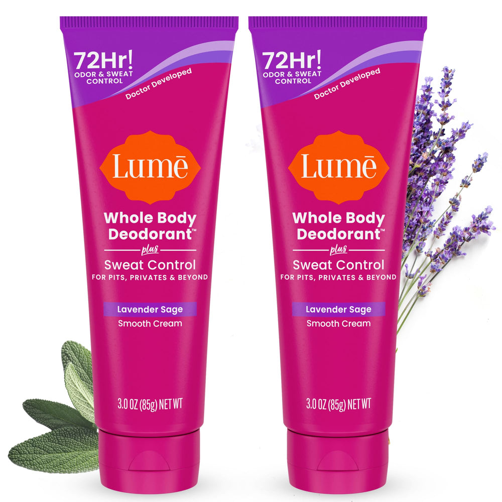 Lume Lavender Sage smooth cream tube front view demonstrates all-over odor control.