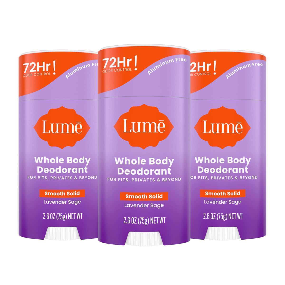 Lume whole body deodorant smooth solid stick Lavender Sage 3-pack for all-day odor control.