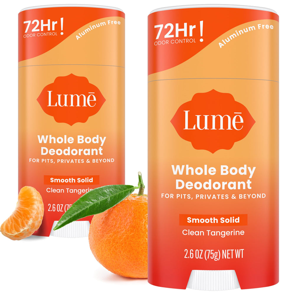 Lume smooth solid stick two-pack shown for all-day body odor control.