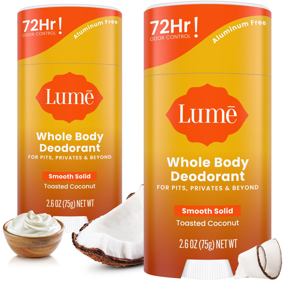 Lume Whole Body Deodorant packaging with twin sticks for all-day odor control.