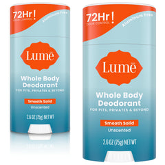 Lume Whole Body Deodorant smooth solid stick packaging shows unscented formula for all-day odor control.