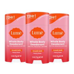 Lume Whole Body Deodorant smooth solid stick with Peony Rose for all-day odor control.