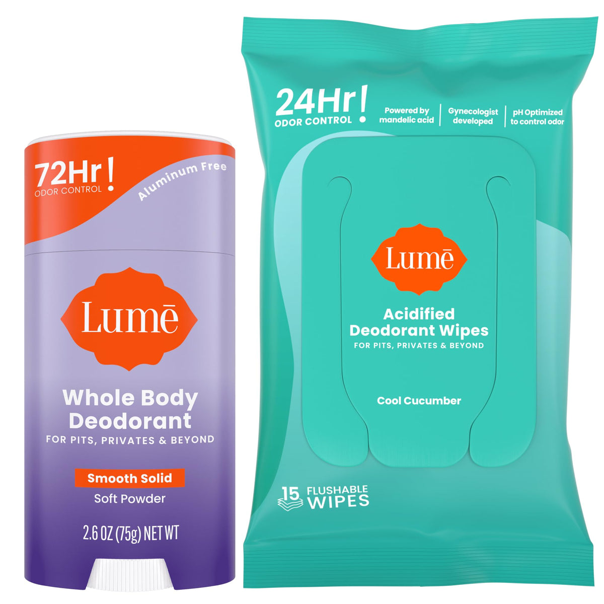 Lume whole body deodorant stick being applied for long-lasting odor control.