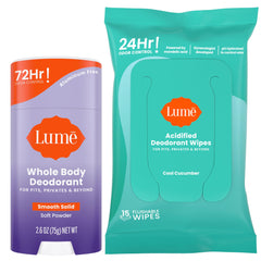 Lume whole body deodorant stick being applied for long-lasting odor control.