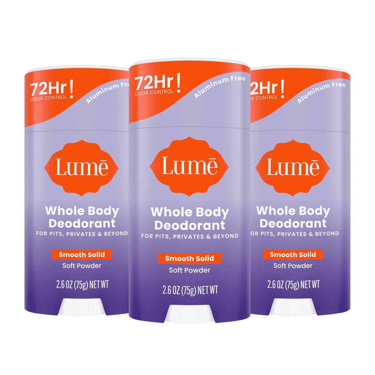 Lume Whole Body Deodorant soft powder stick 3-pack delivers all-day odor control.