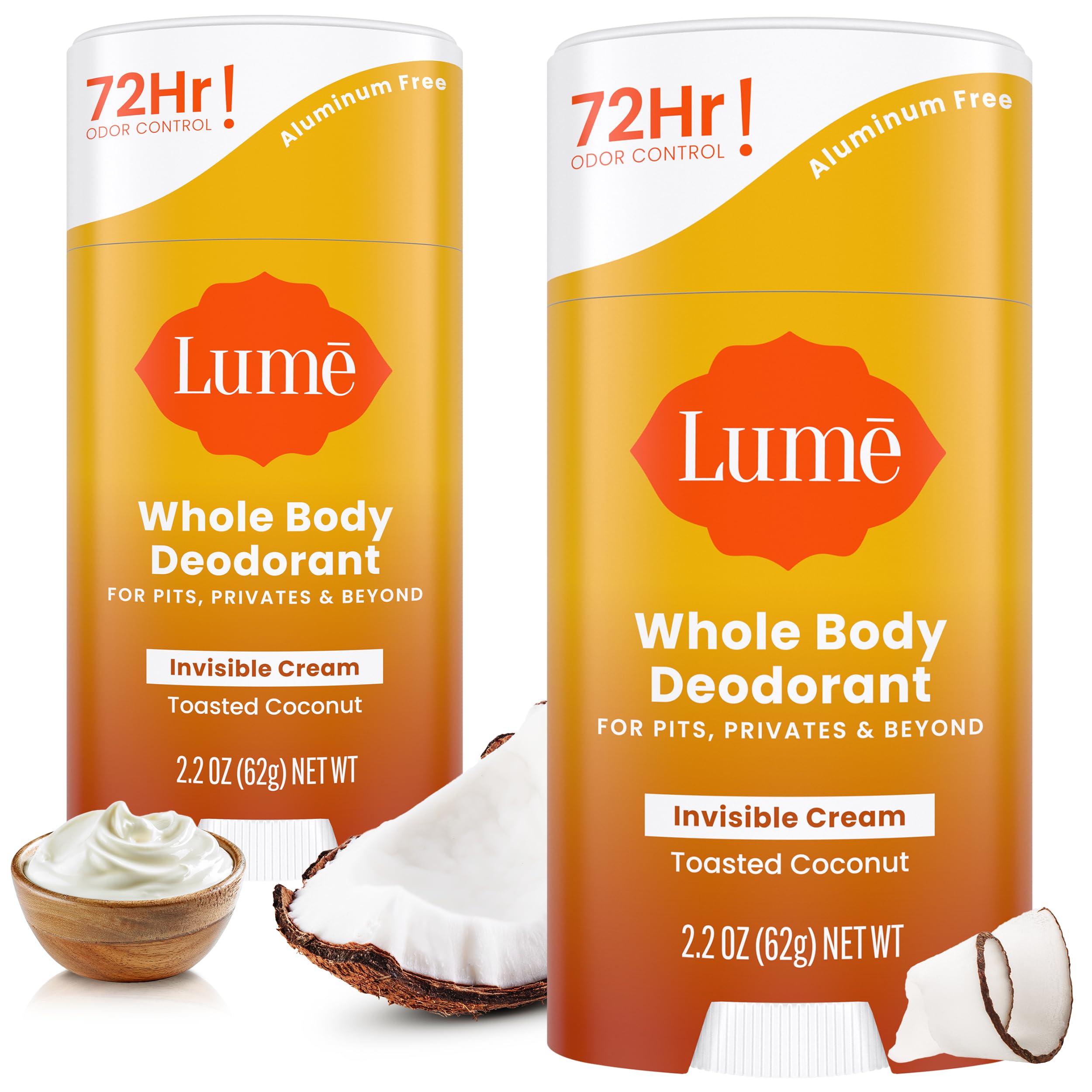 Lume whole body deodorant invisible cream stick pack of 2 for all-day odor control.