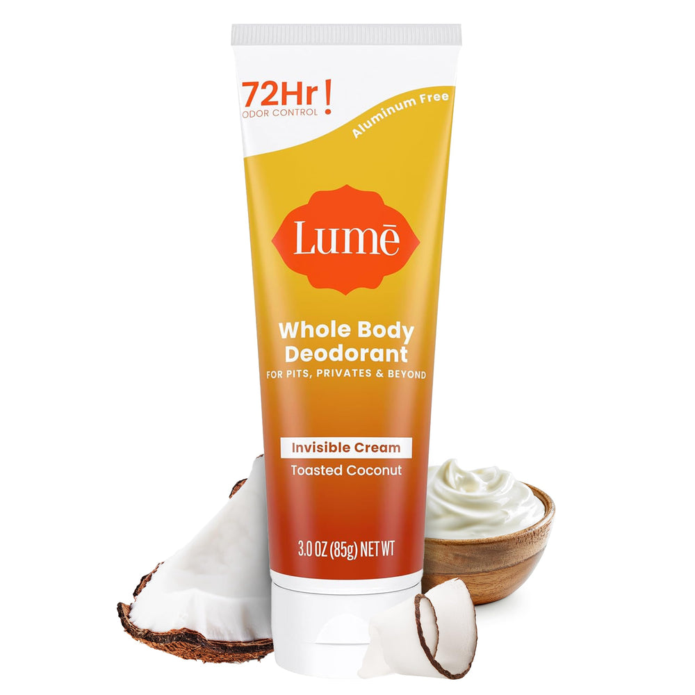 Lume Whole Body Deodorant toasted coconut tube—compact scent for all-day odor control.