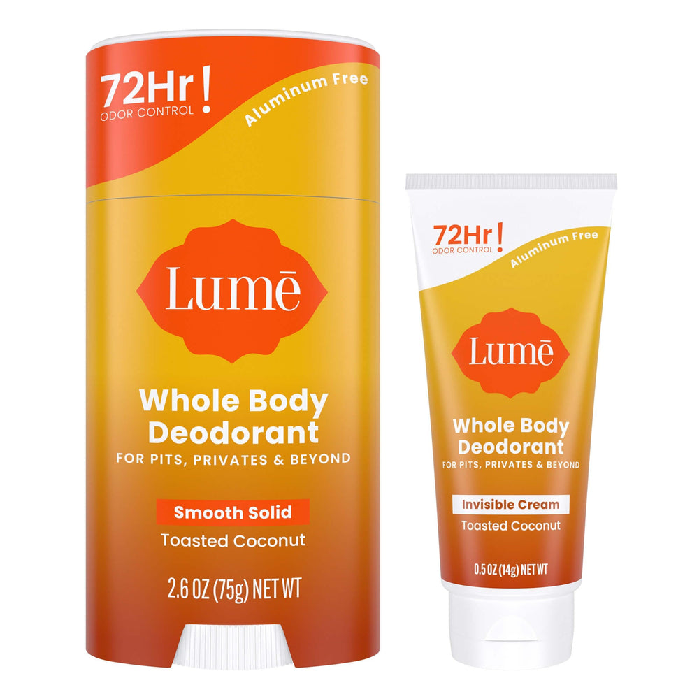 Lume whole body deodorant tube mini application shows smooth glide for all-day odor control.