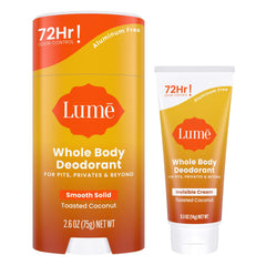 Lume whole body deodorant tube mini application shows smooth glide for all-day odor control.