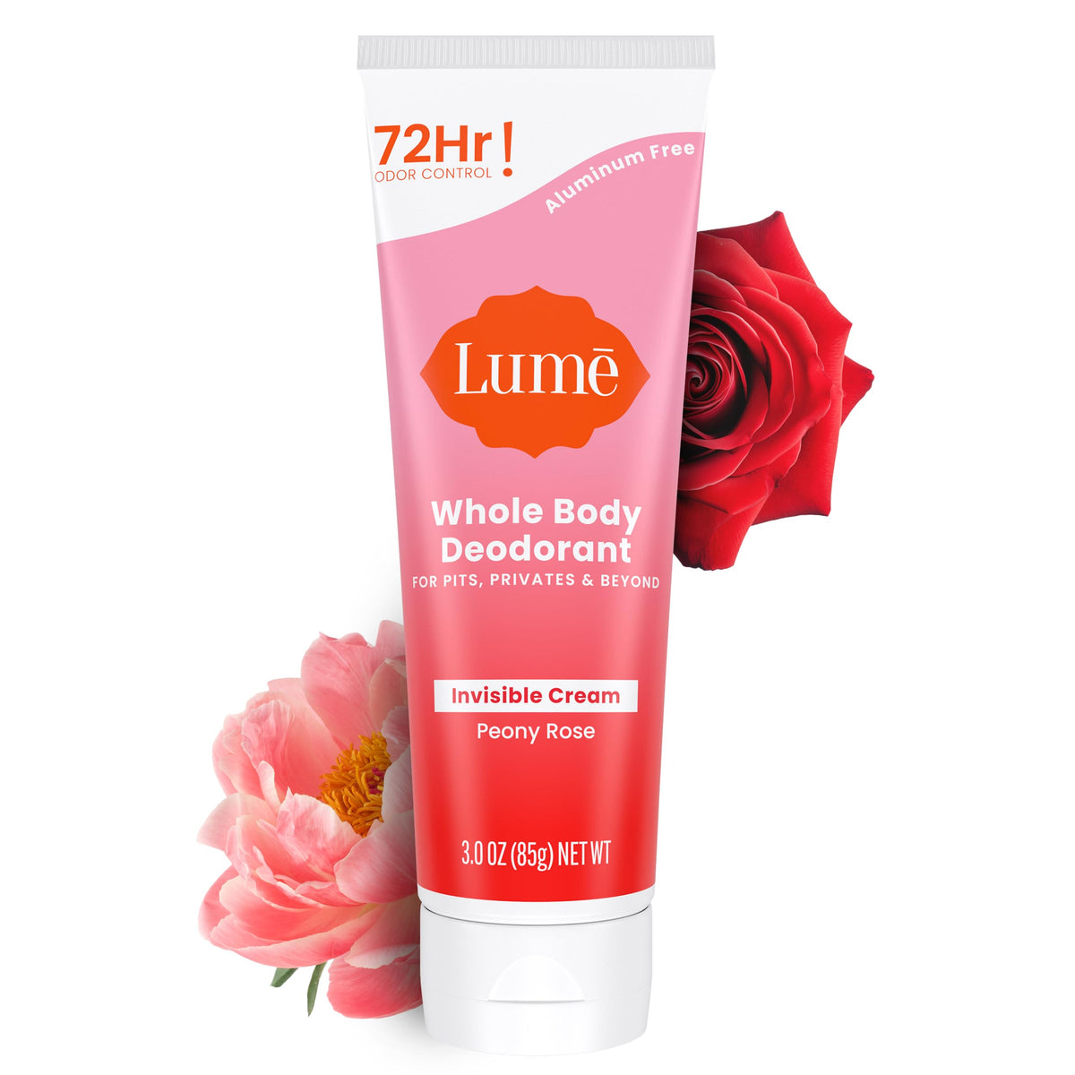 Lume Whole Body Deodorant tube Peony Rose highlights long-lasting odor control for all-over use.