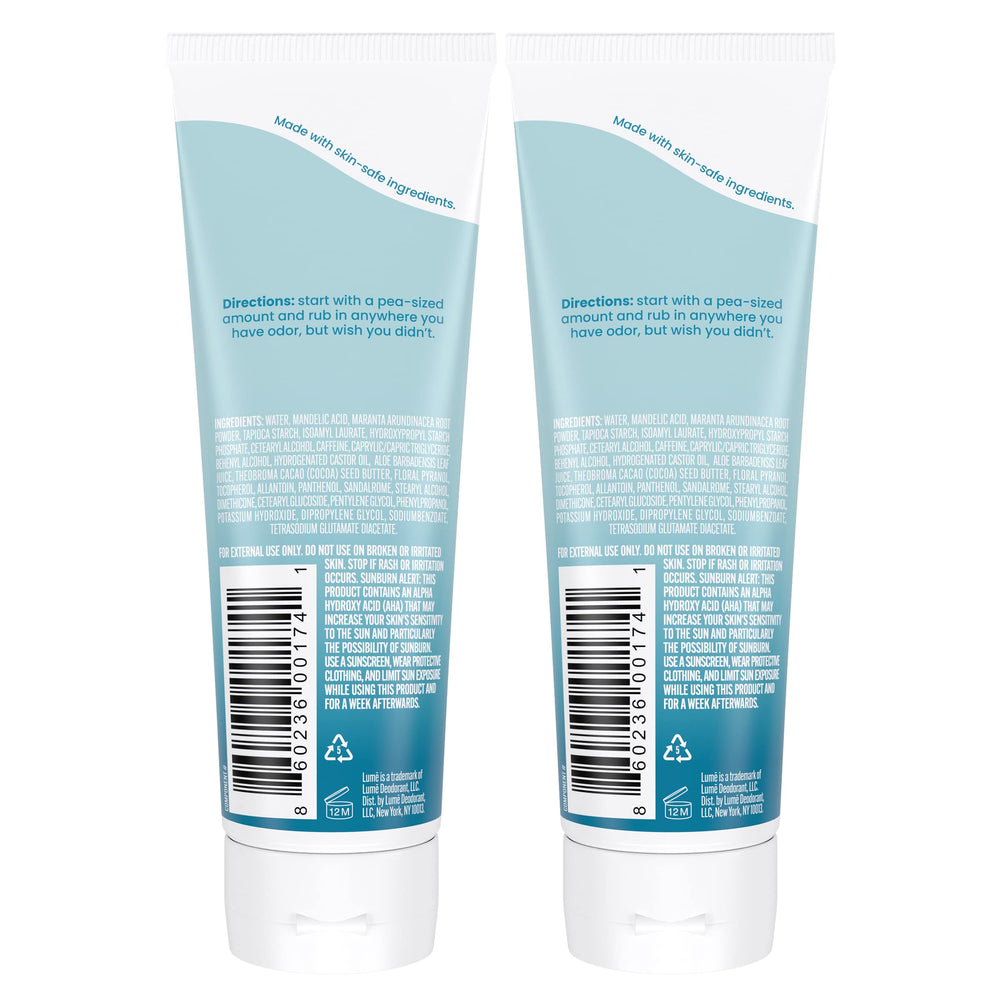 Lume unscented deodorant tube application rub demonstrates lotion-like texture