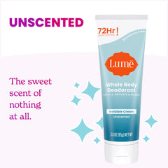 Lume unscented deodorant tube back label highlights ingredients and pack size