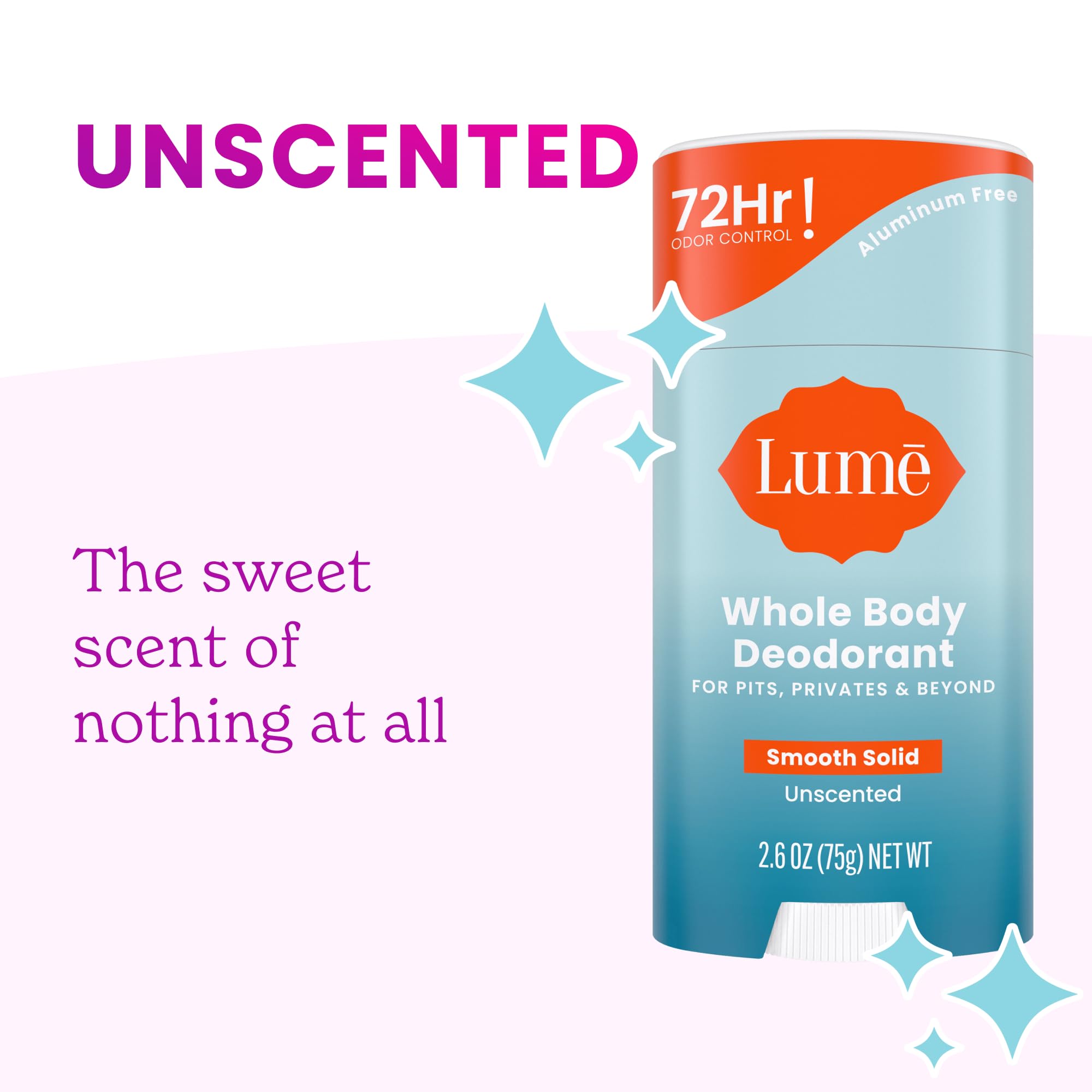 Lume Whole Body Deodorant unscented label emphasizes fragrance-free option for any setting.