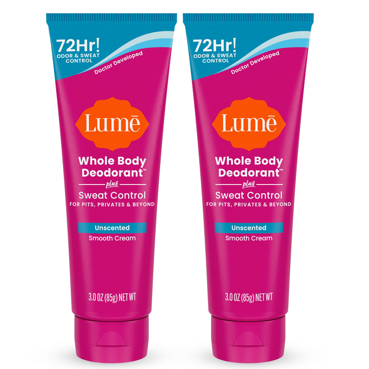 Lume unscented tube front shows all-day freshness for sensitive skin.