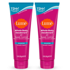 Lume unscented tube front shows all-day freshness for sensitive skin.