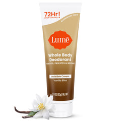 Lume Vanilla Bliss tube closeup shows invisible cream texture for all-day odor control