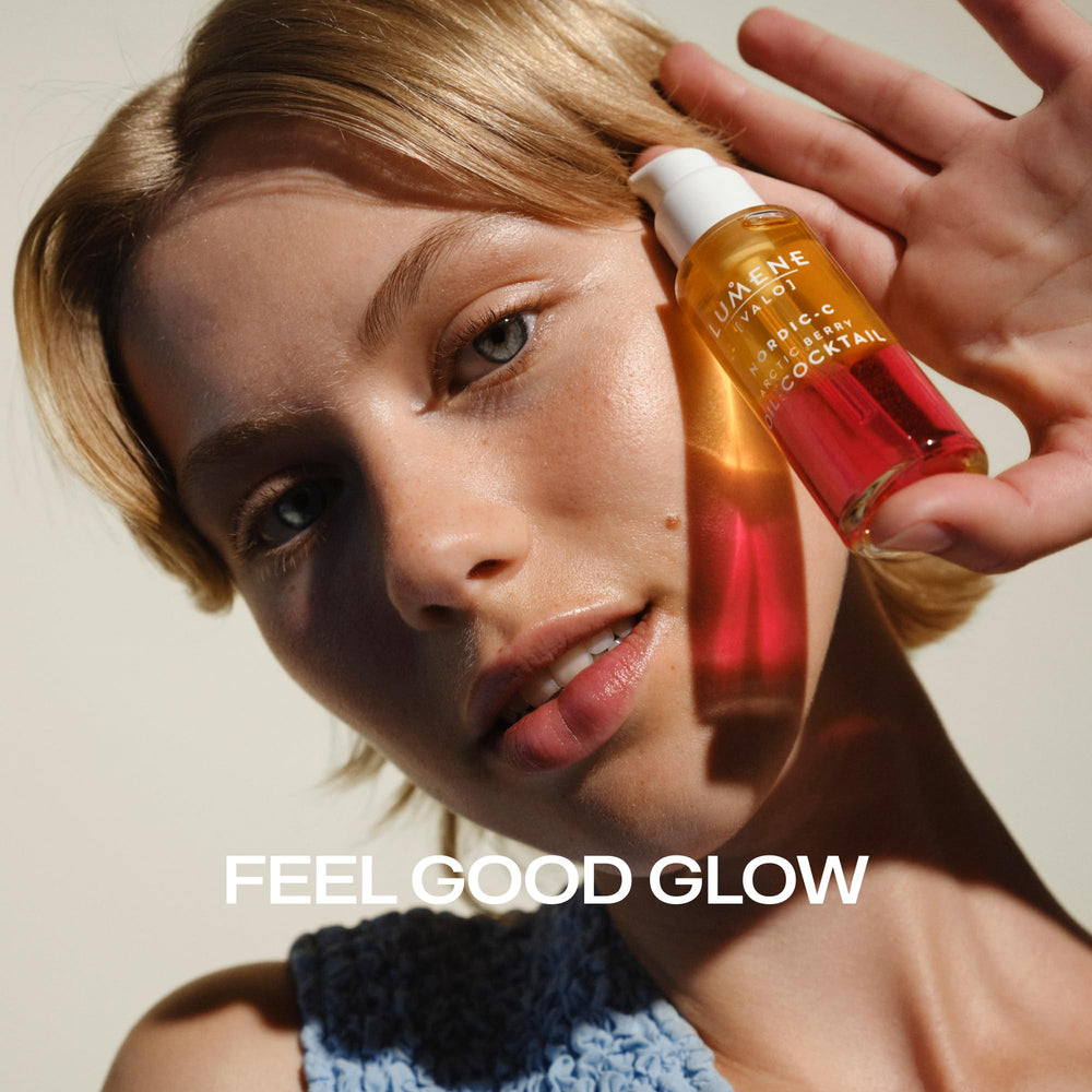 Lumene Nordic-C Valo Arctic Berry Face Oil bottle with Arctic berries evokes antioxidant-rich care