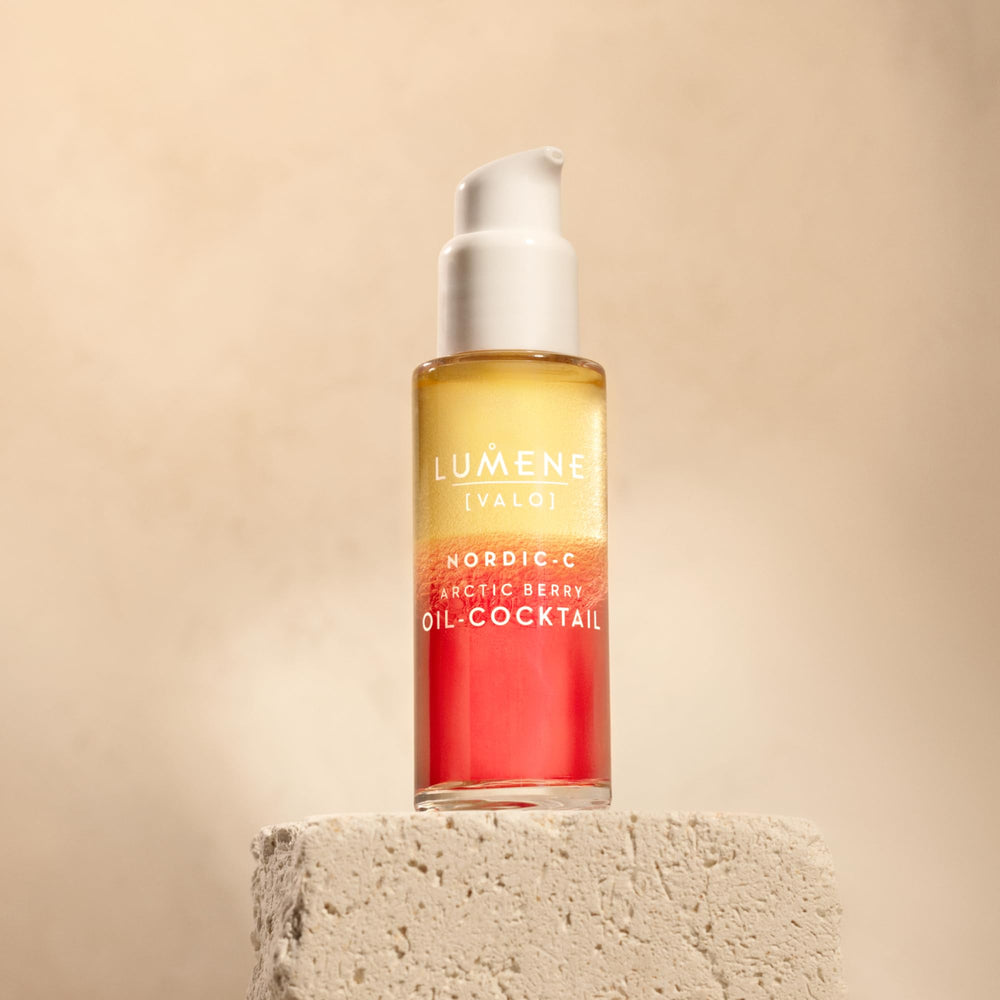 Lumene Nordic-C Valo Arctic Berry Face Oil packaging label emphasizes vegan skincare