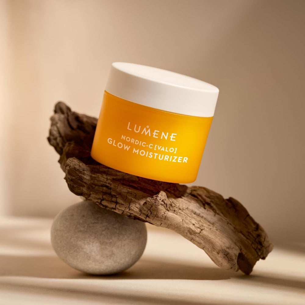 Lumene Nordic-C Valo Glow Moisturizer cream swirl on skin demonstrates smoothing texture.