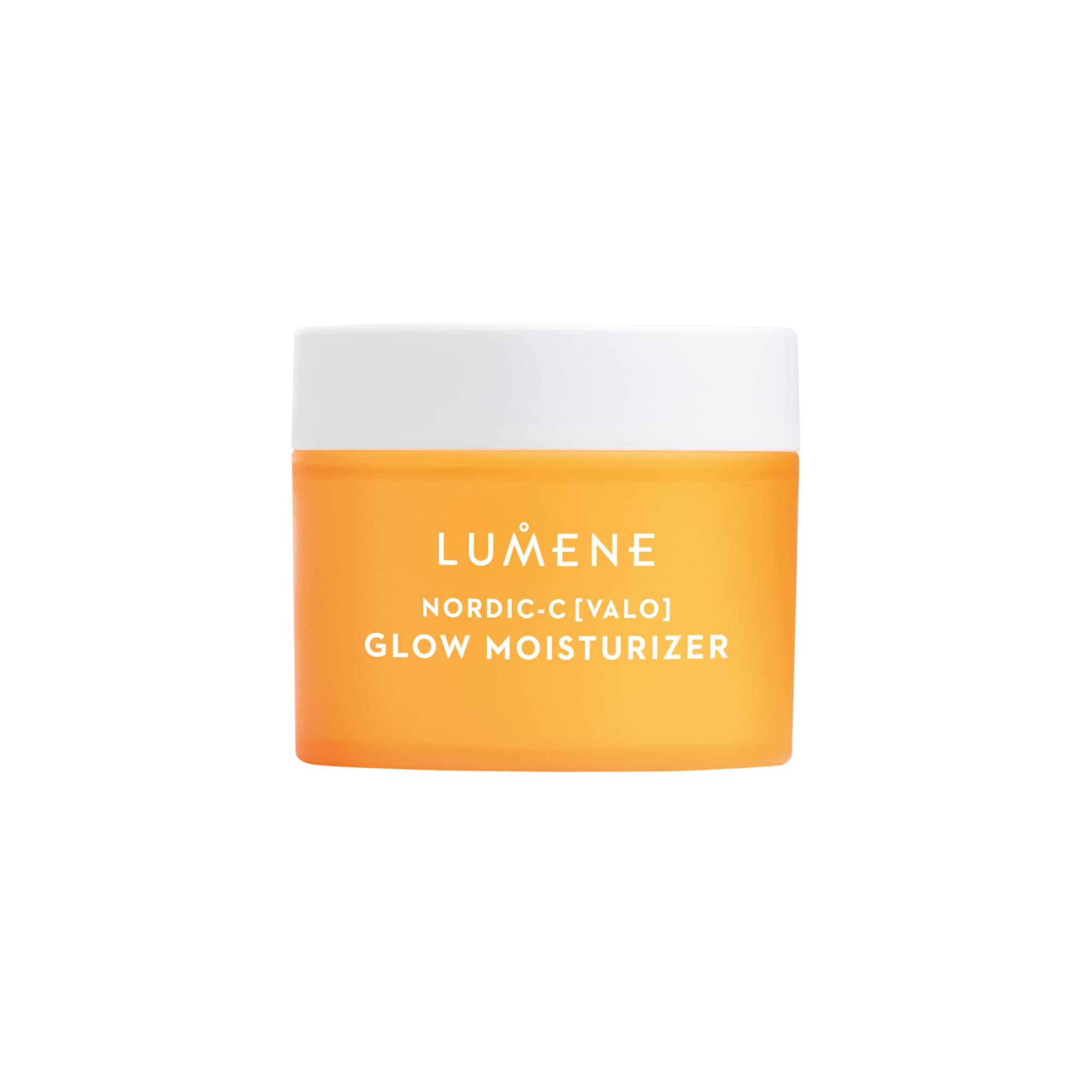 Lumene Nordic-C Valo Glow Moisturizer bottle closeup shows radiant hydration for dry skin.