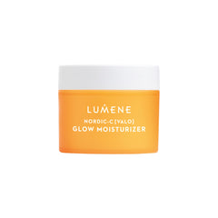 Lumene Nordic-C Valo Glow Moisturizer bottle closeup shows radiant hydration for dry skin.