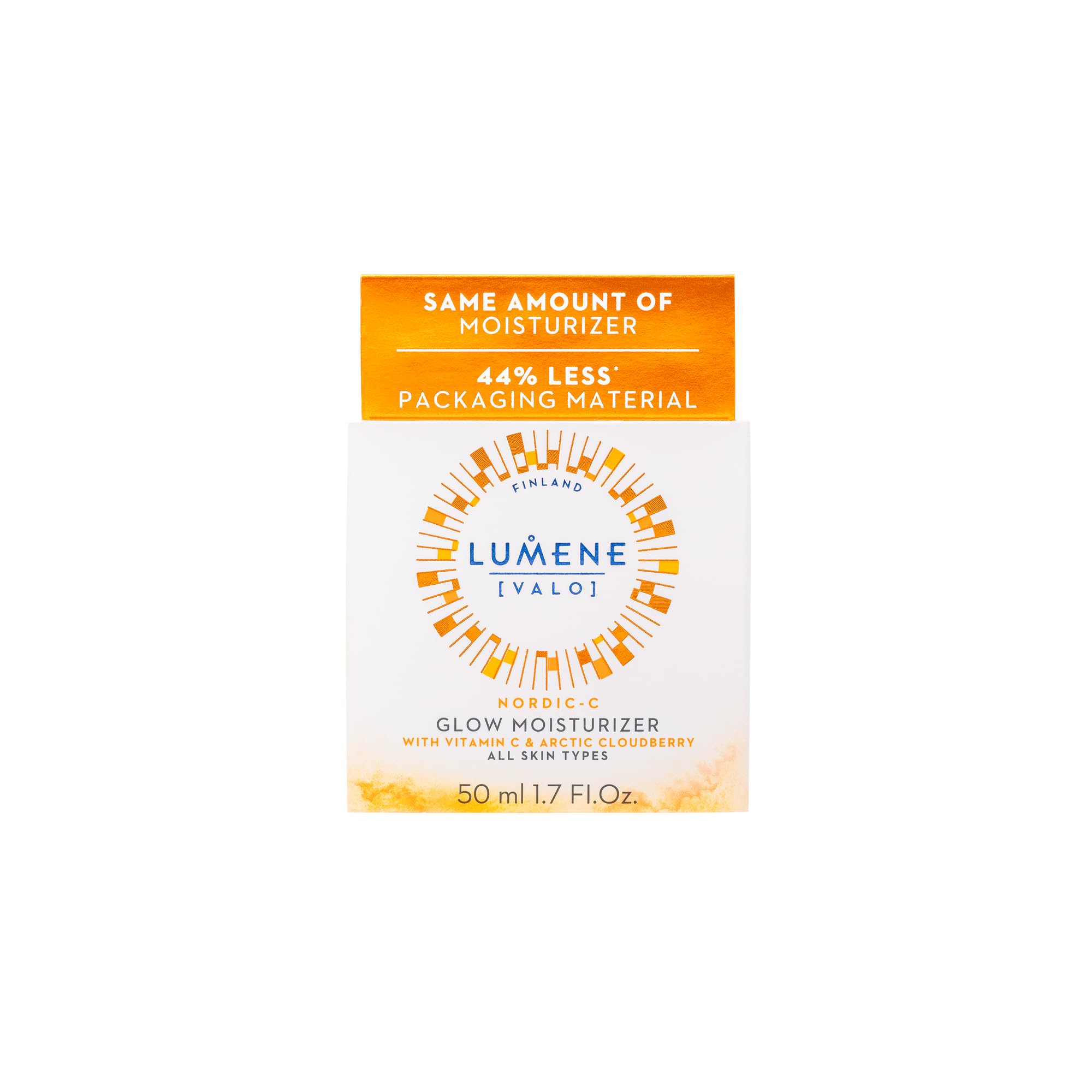 Lumene Nordic-C Valo Glow Moisturizer with hyaluronic acid dropper indicates hydration boost.