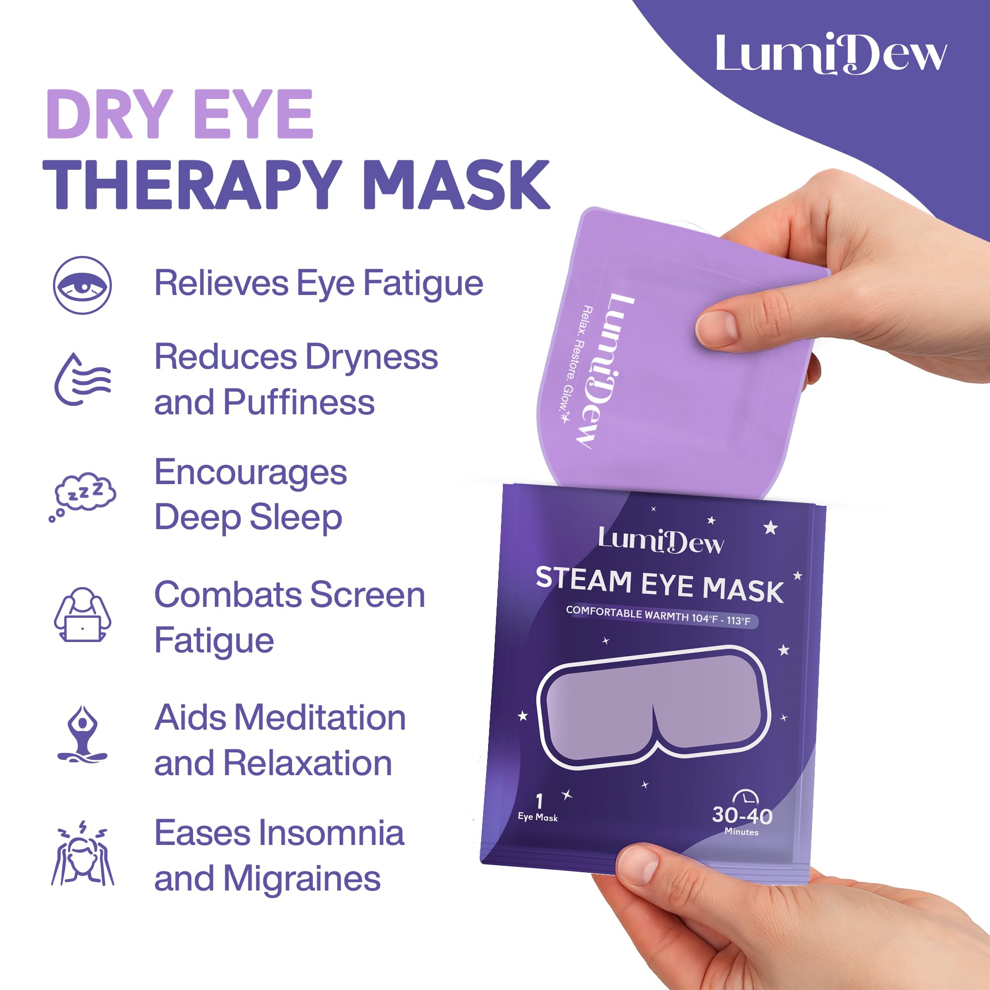 LumiDew steam eye mask active-heat demonstrates instant warmth for relaxation