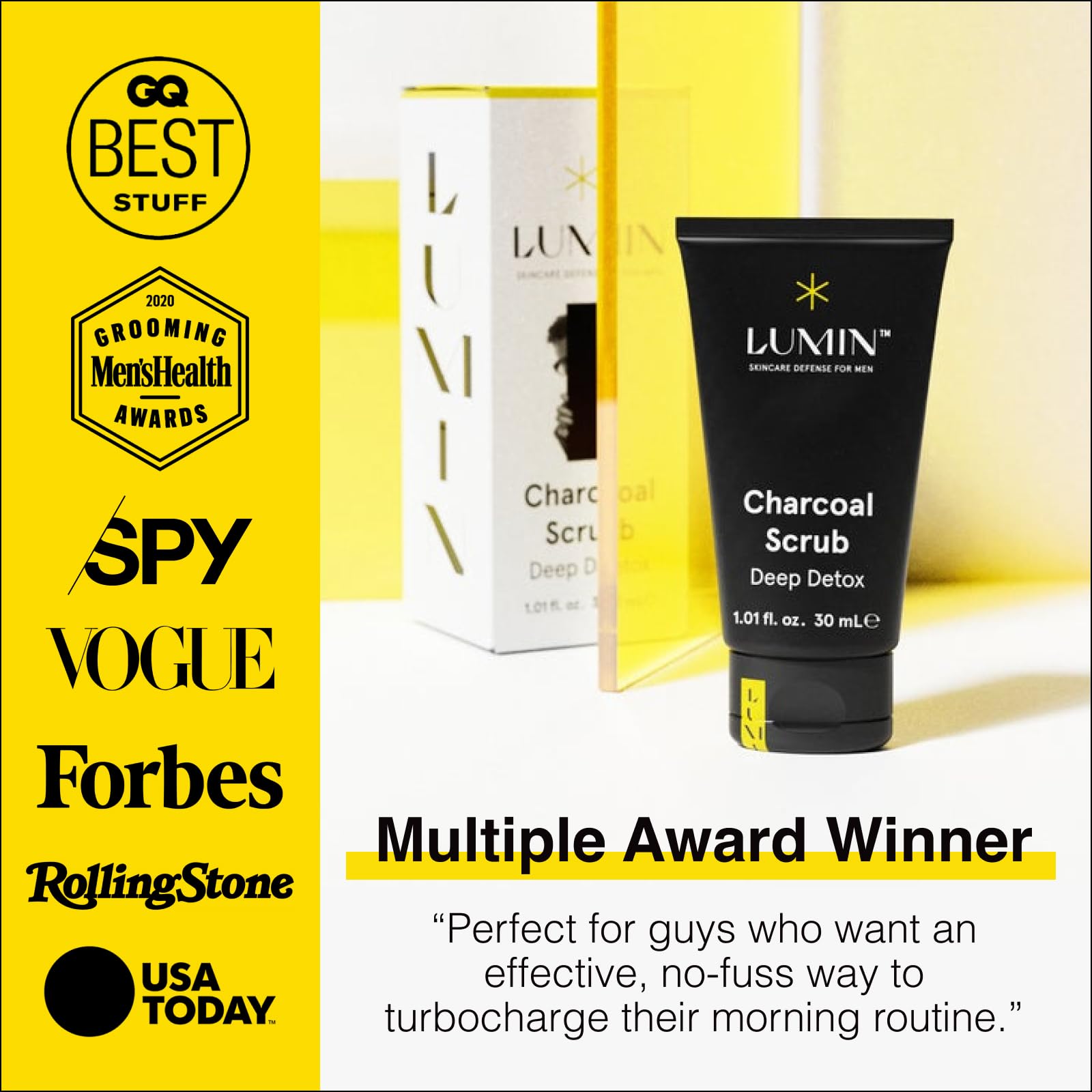 Lumin Charcoal Scrub Deep Detox bottle drops indicate charcoal benefits and cleansing ritual.