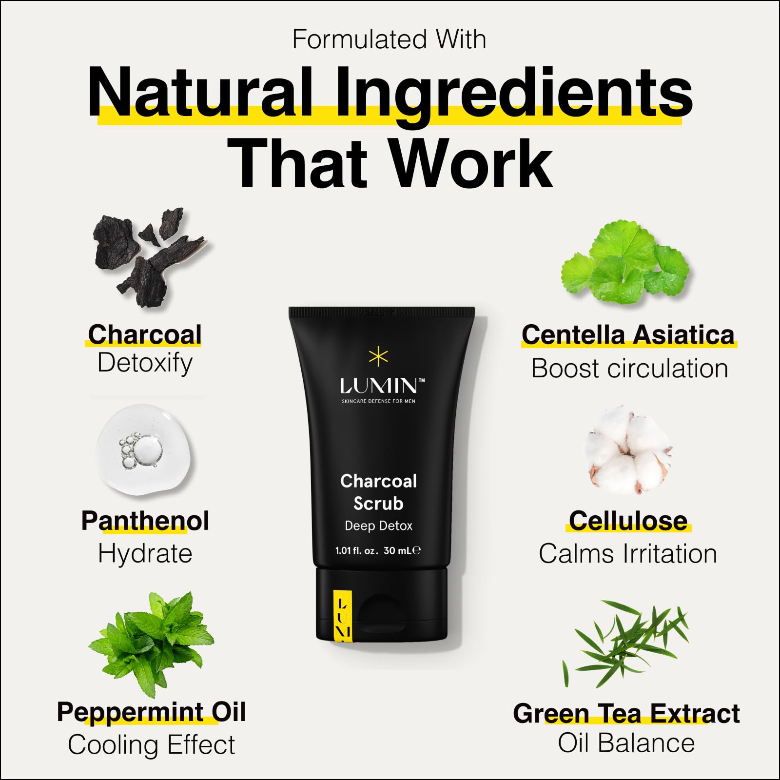 Lumin Charcoal Scrub Deep Detox bottle pour - easy, even exfoliation for daily use.
