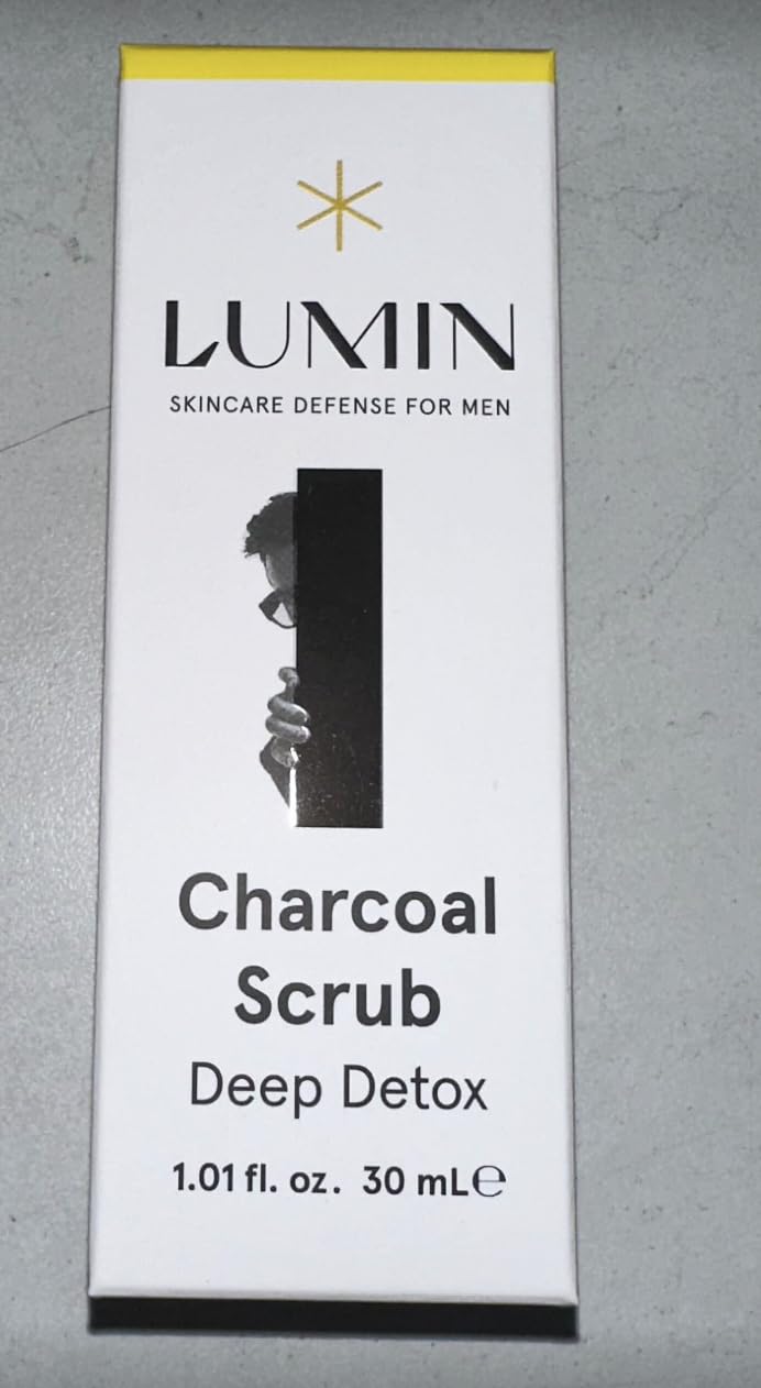 Lumin Charcoal Scrub Deep Detox men routine implies faster shave prep and reduced irritation.