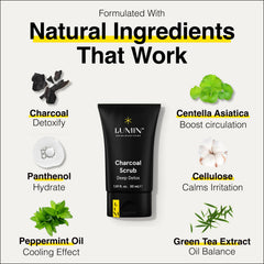Lumin Charcoal Scrub Deep Detox packaging front highlights masculine routine for refreshed skin.