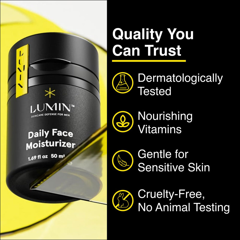Lumin Daily Face Moisturizer jar on vanity conveying quick-absorb hydration for sensitive skin.