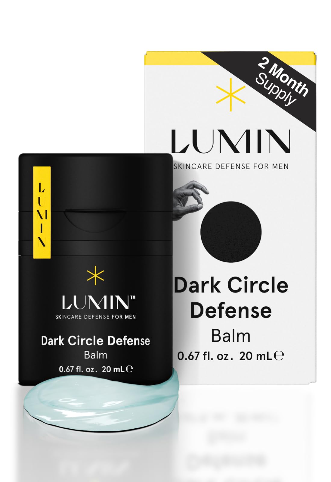 Lumin men's dark circle defense balm application demonstrates lightweight hydration for a refreshed look.