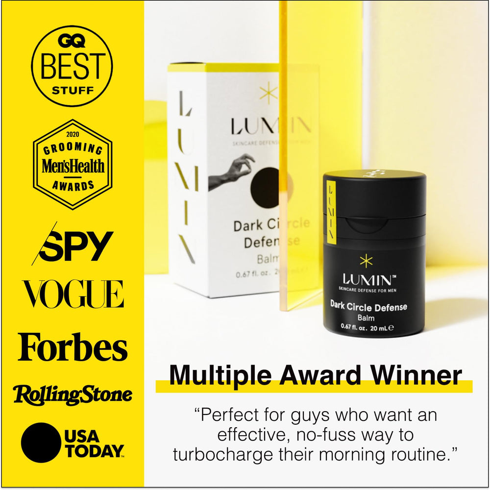 Lumin men's dark circle defense balm before-after concept image hints at smoother under-eye texture.