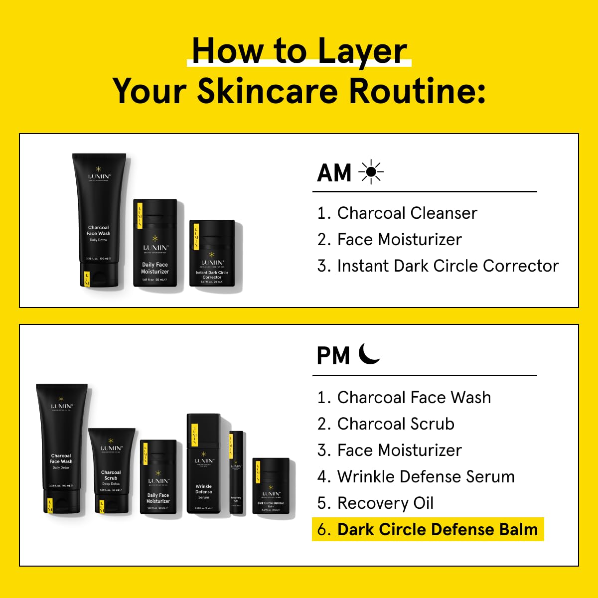 Lumin men's dark circle defense balm packaging shot emphasizes Korean formula and premium branding.
