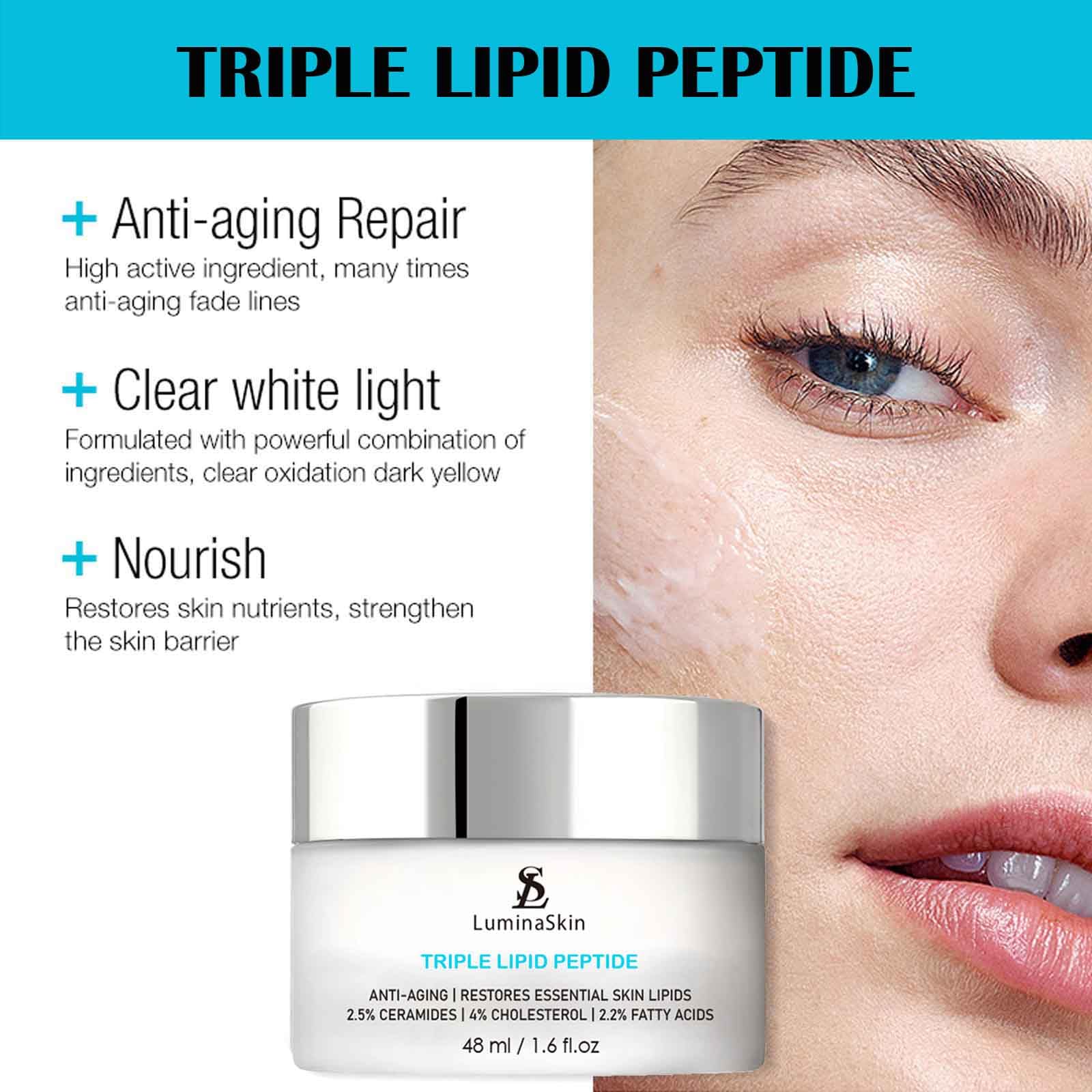 LuminaSkin Triple Lipid Peptide bottle label reveals essential ceramides and fatty acids for mature skin care.