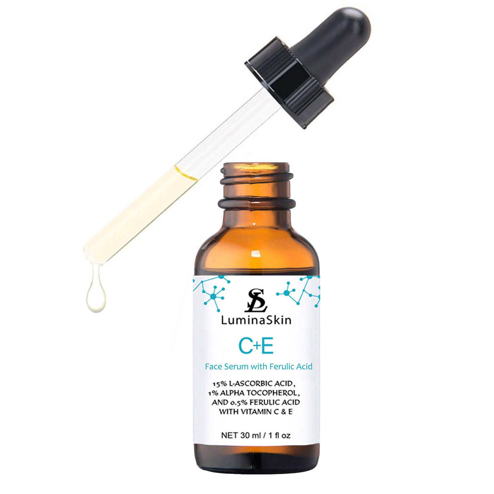 LuminaSkin Vitamin C Serum anti-aging effects illustration hints at reduced fine lines.