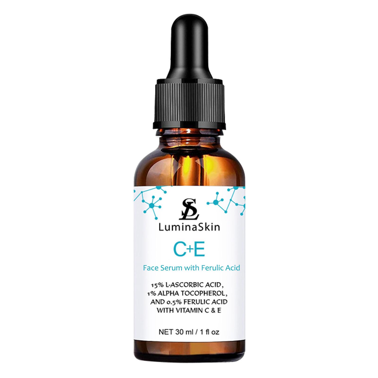 LuminaSkin Vitamin C Serum bottle pour shows antioxidant protection for radiant skin.