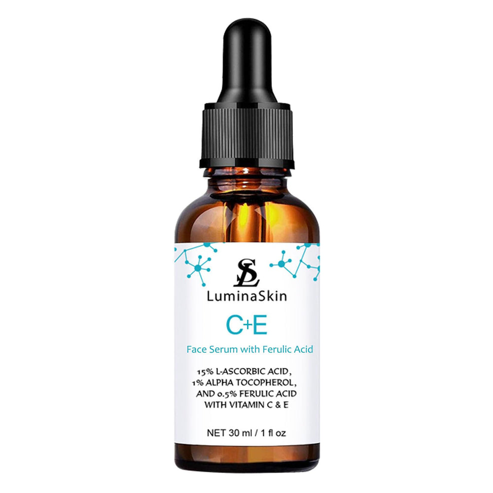 LuminaSkin Vitamin C Serum bottle pour shows antioxidant protection for radiant skin.