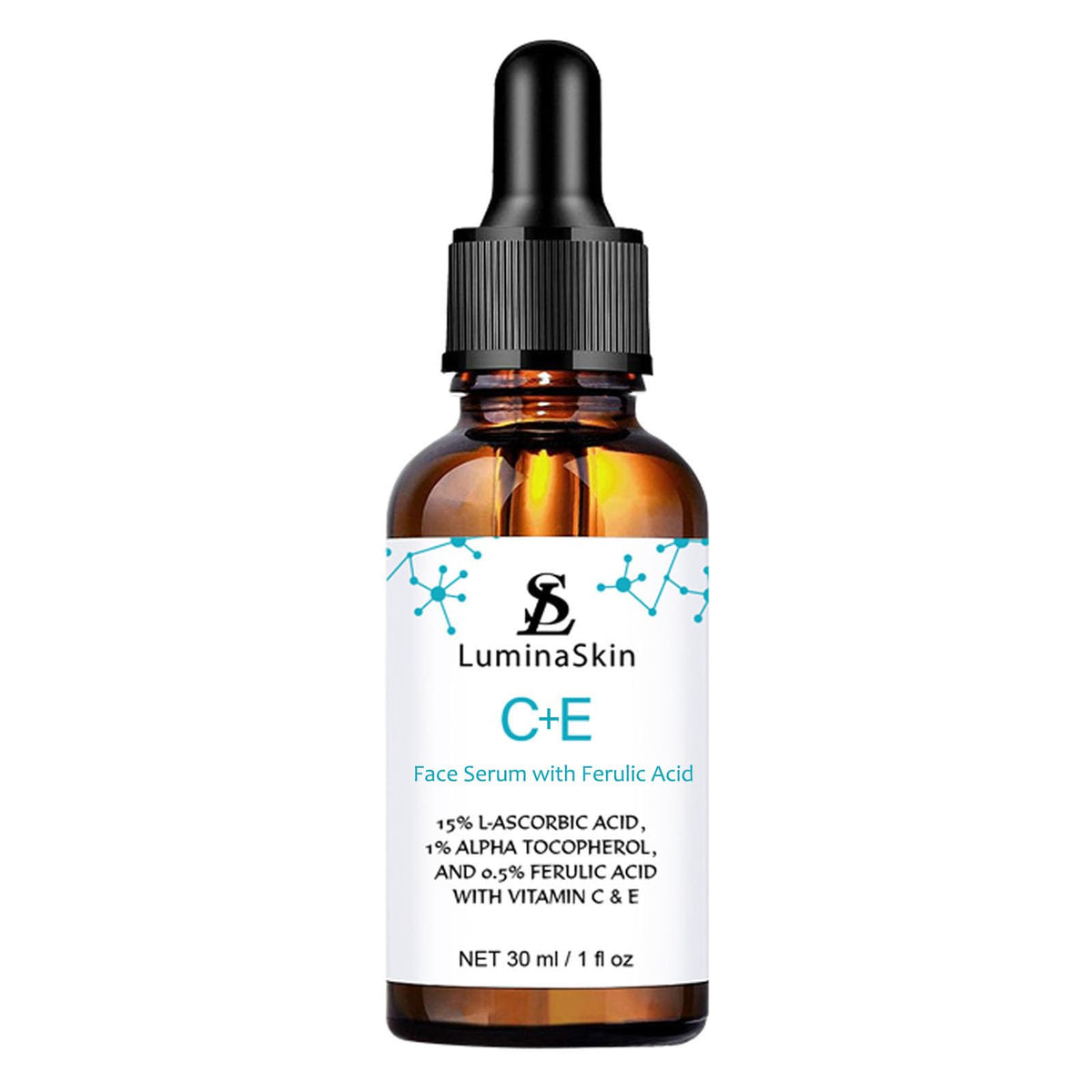 LuminaSkin Vitamin C Serum bottle pour shows antioxidant protection for radiant skin.