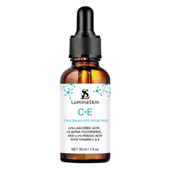 LuminaSkin Vitamin C Serum bottle pour shows antioxidant protection for radiant skin.
