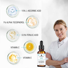 LuminaSkin Vitamin C Serum dropper dispense highlights potent formula with ferulic acid and vitamin E.