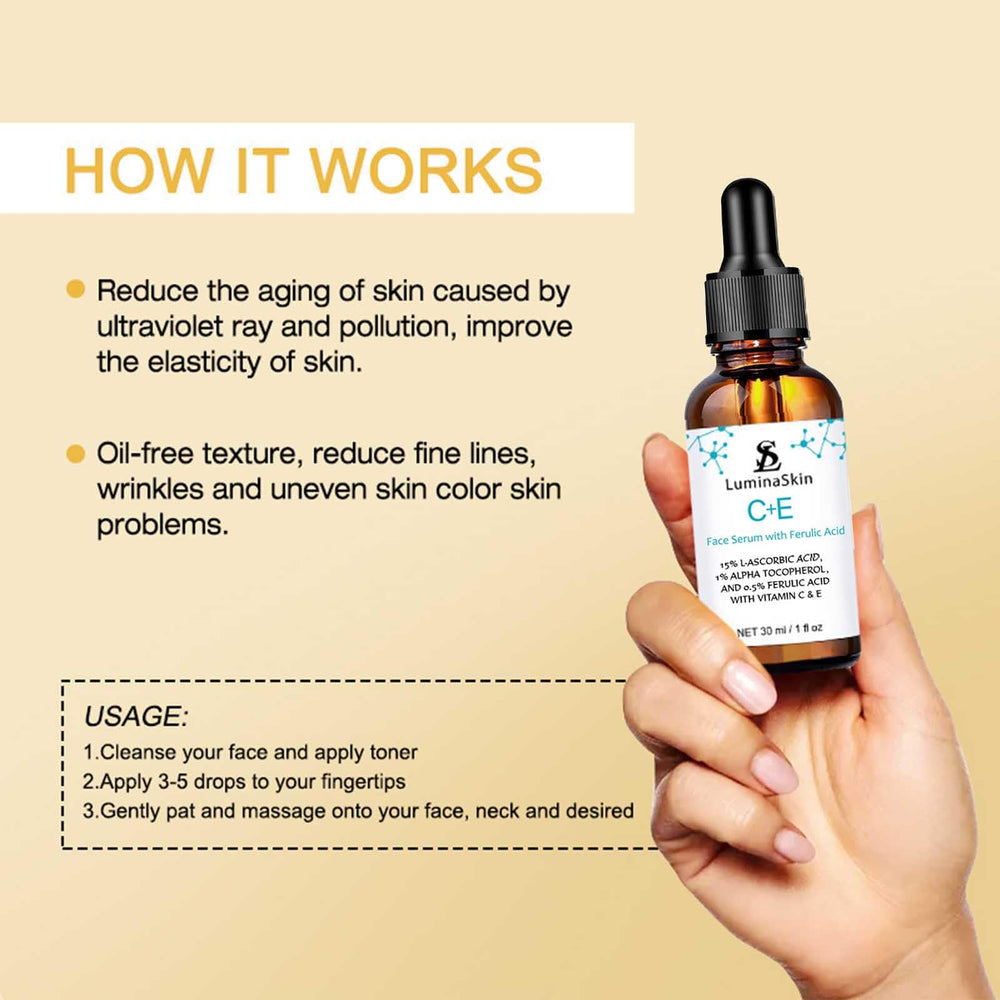 LuminaSkin Vitamin C Serum packaging highlights clean formula and skincare-friendly pH.