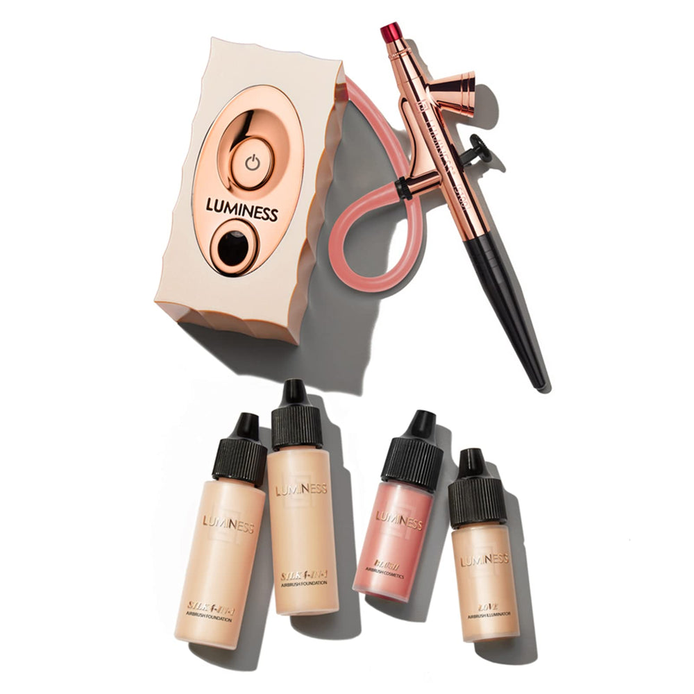 Luminess Air Icon Pro system setup visual shows quick at-home professional makeup workflow.