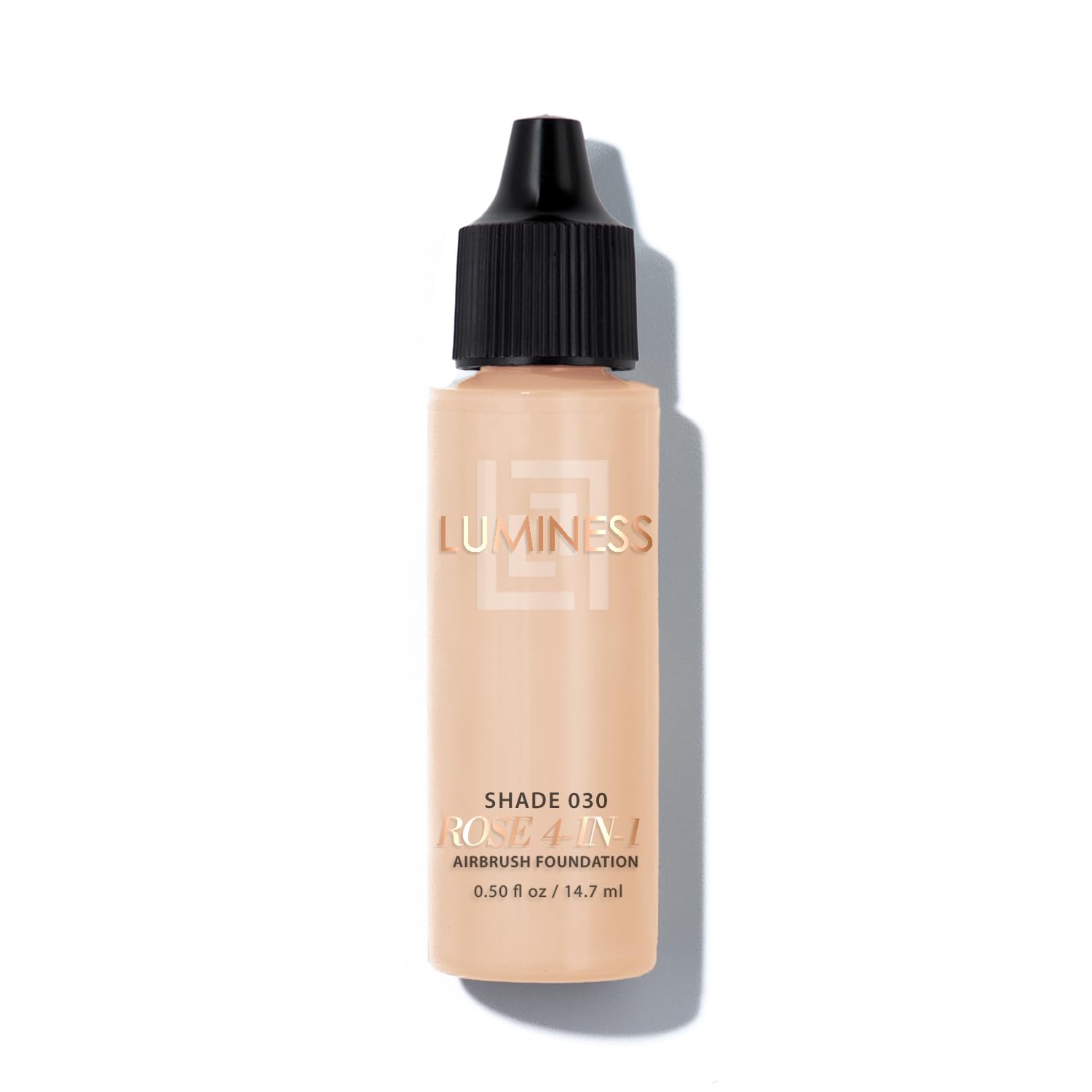 LUMINESS Rose airbrush bottle closeup shows shade 030 for smooth coverage