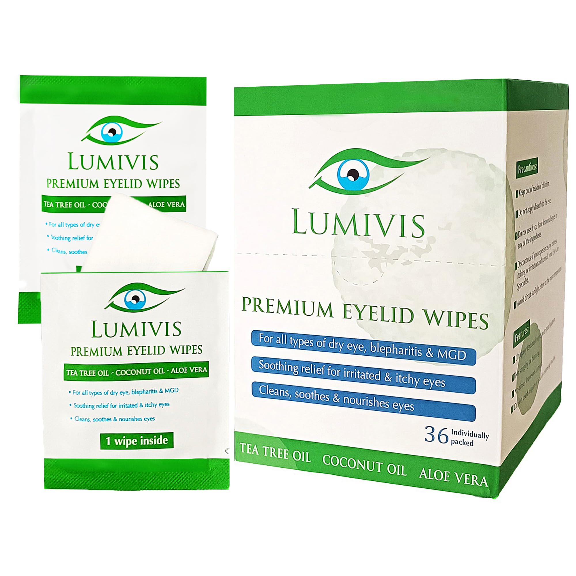 Lumivis: toallitas para parpados con arbol-te, 36 unidades para limpieza suave diaria.
